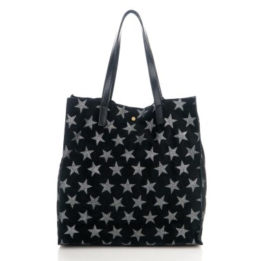 LaFiore24 Italienische Shopper Handtasche Damen Schultertasche echtes Wildleder mit Sternen integrierte Beuteltasche herausnehmbar (schwarz)